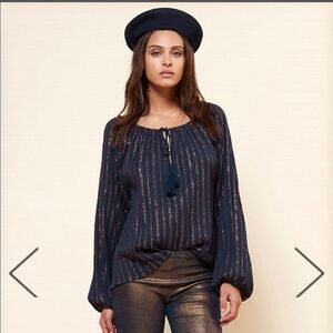 🎀Mes desmoiselles Paris women’s S blue metallic long sleeve crop cotton blouse